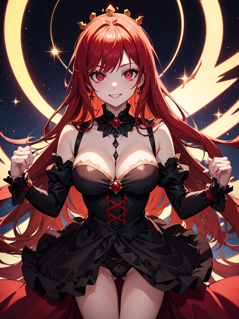 Blood-eyed Princess of Darkness, Redhead, Crown, Wicked Smile, Anime Style, Lens flare, High detail, First Person View, Cinema Lighting, masterpiece, Super detailed, Highest quality, 8K, Ultra-high resolution, Panty shot