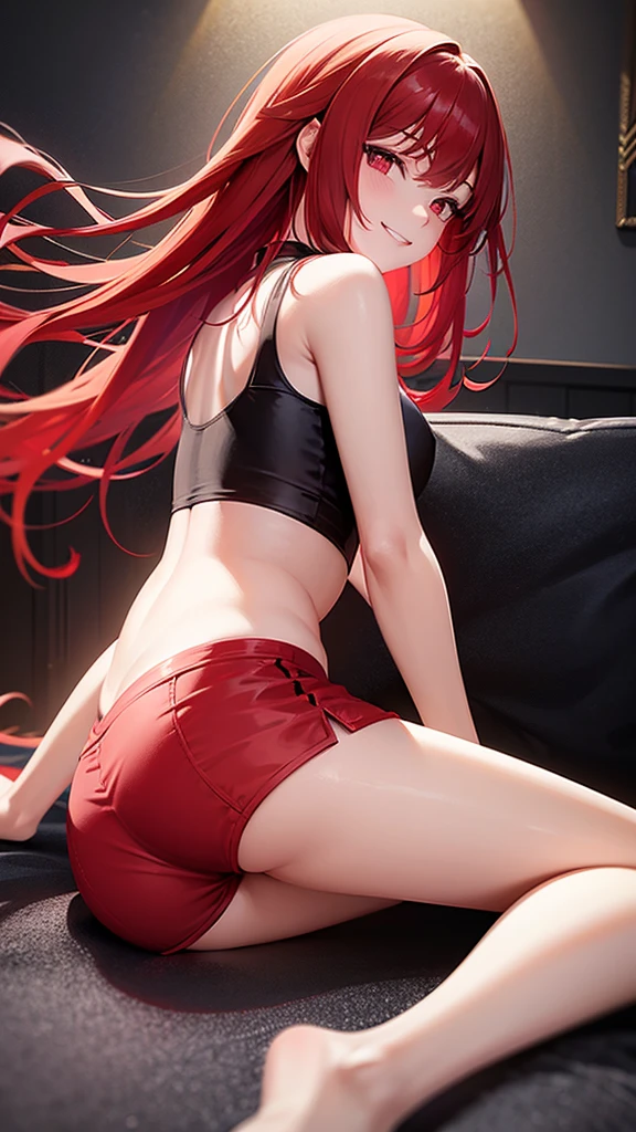 Red hair girl with red eyes. wearing transparent shorts and positioned on all fours while looking back with a mischievous smile