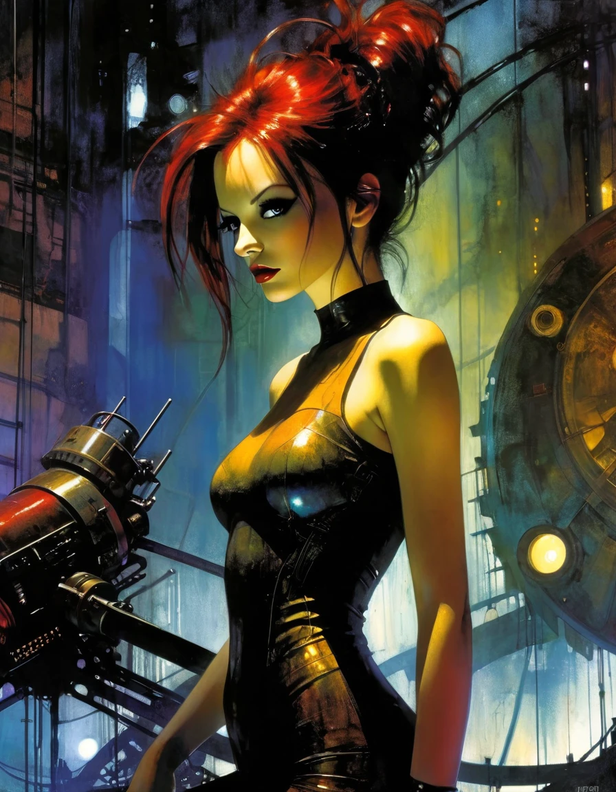 (highly detailed,cinematic lighting,dramatic colors,intricate machinery,futuristic technology,epic scale,moody atmosphere,sexy girl in scene, dark and gritty,masterpiece,best quality,8k,photorealistic,professional) (art inspired in Bill Sienkiewicz). oil painting)