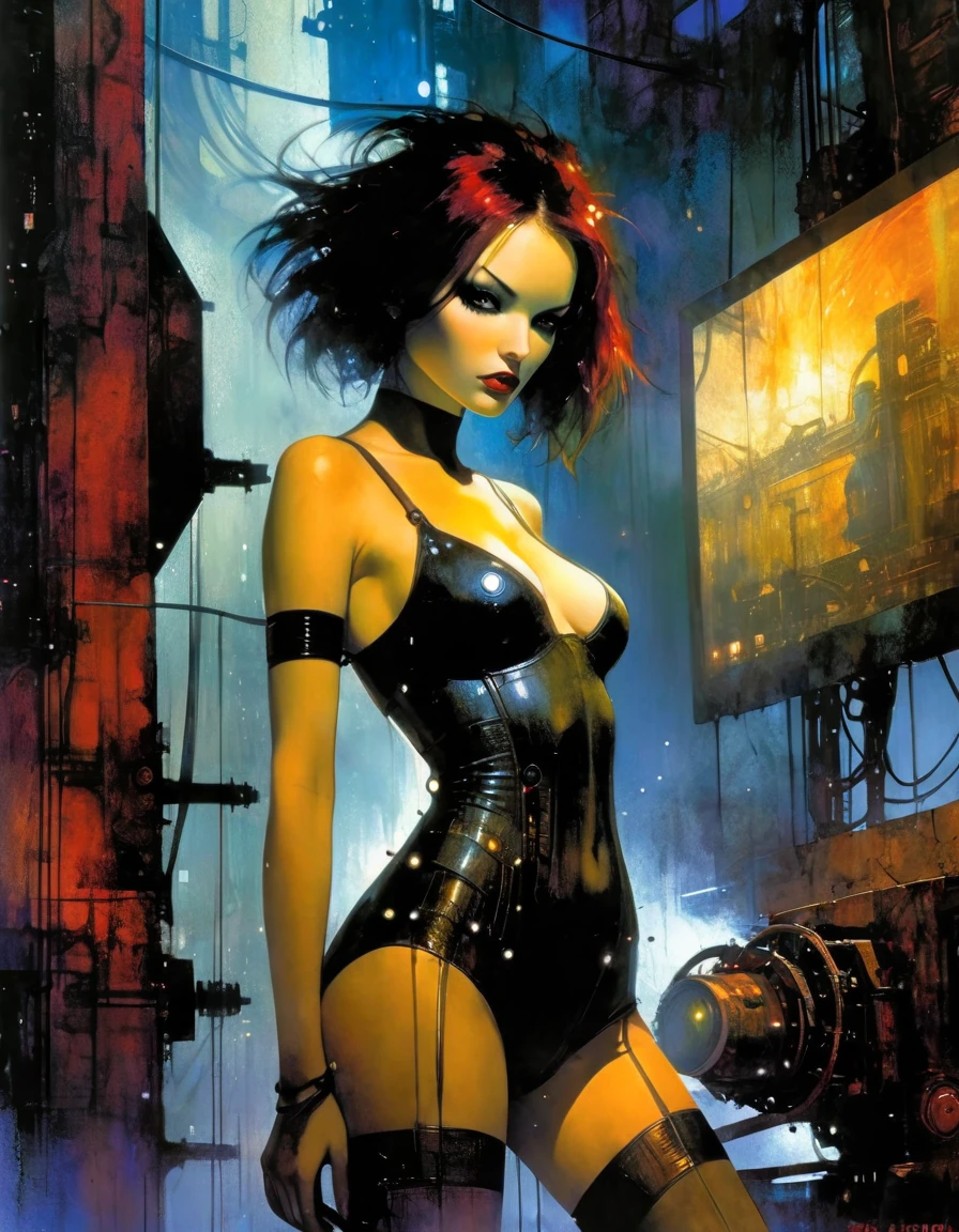 (highly detailed,cinematic lighting,dramatic colors,intricate machinery,futuristic technology,epic scale,moody atmosphere,sexy girl in scene, dark and gritty,masterpiece,best quality,8k,photorealistic,professional) (art inspired in Bill Sienkiewicz). oil painting)
