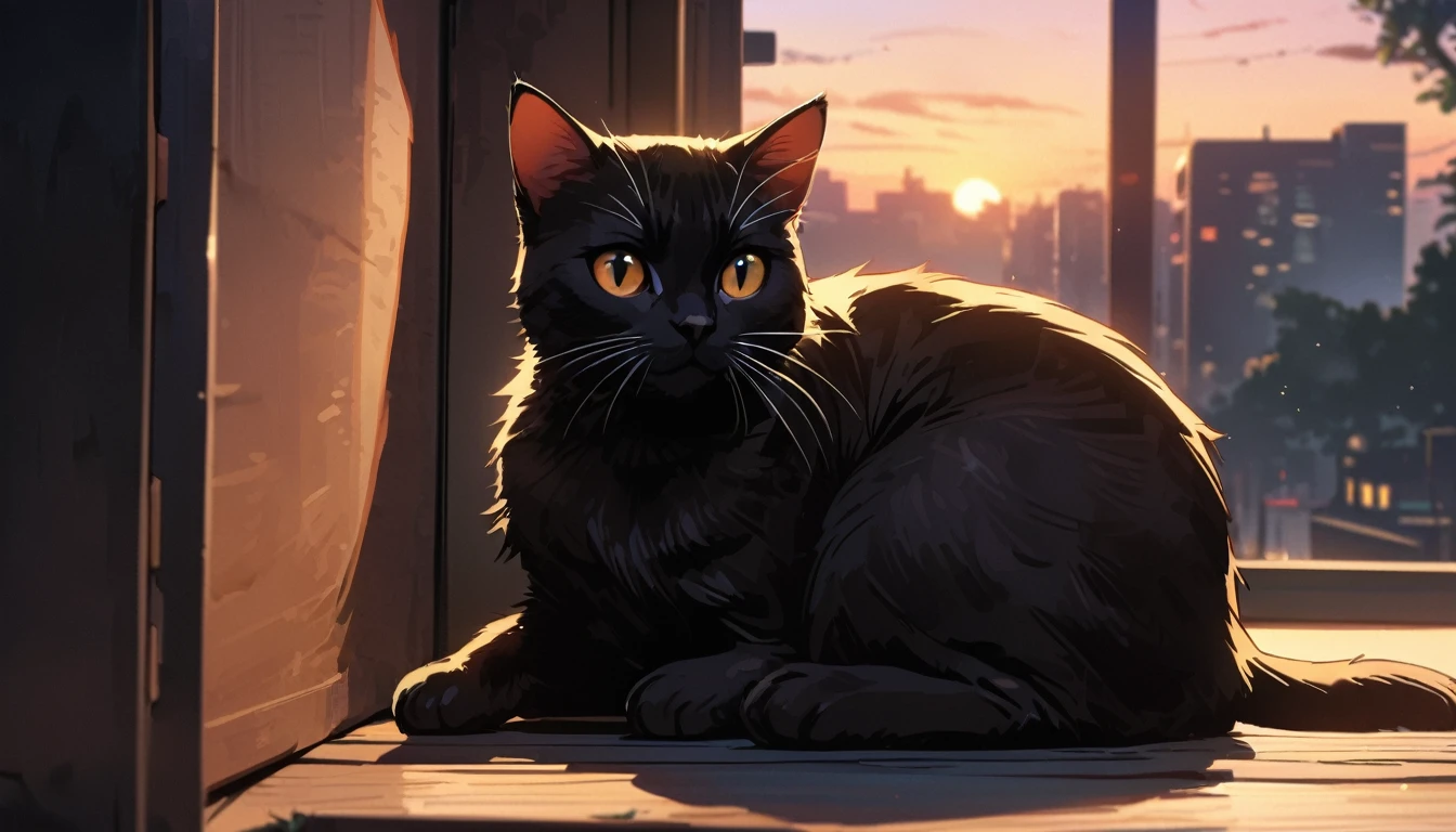 Prompt: Solo, no humans, animals, Black cat animal-centered, masterpiece, highest quality, cute, detailed description, natural scenery, relaxing,I street corner,evening