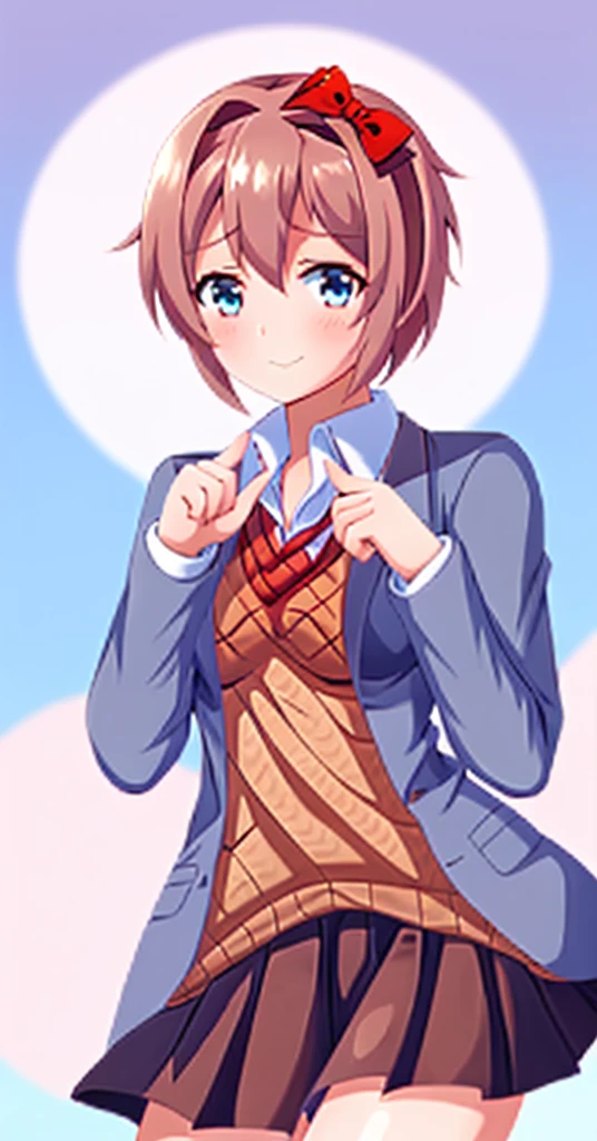 one girl, Sayori, DDLC, school blazer, hair bow, close to girl, light blue eyes, beautiful, index finders together, ashamed, blush, upward glance, dry smile, index finders, shifty eyes, short skirt, girl focus, slender