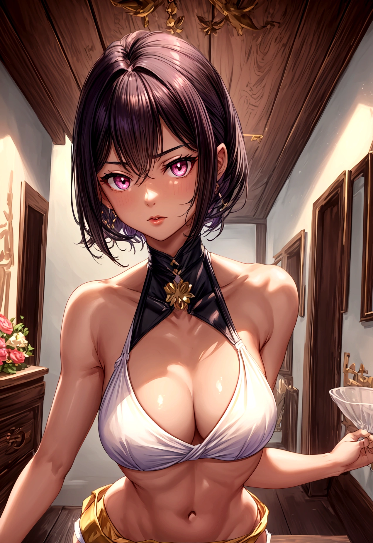 (sleeveless halter neck bikini crop top, elastic waist band bikini shorts ),gorgeous, masterpiece, best quality, high-resolution, finely detailed, extremely detailed and beautiful, distinct-image, 1 girl, 16 year old ager, solo, sharp facial features, oval shaped face. cherry pink lips, lightly tanned white skin. velvet-colored eyes, C-cup breasts, tall height(175cm), slim yet chiseled body type, short shoulder length dark violet-black hair, small narrow waist, long and slender legs, curvy wide hips, elegant training courtyard setting