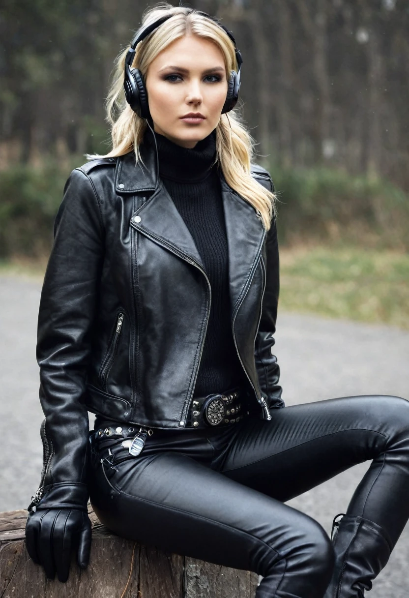 Black leather gloves　Black leather riders jacket　Black Leather Skinny Pants　Black leather long boots　Black Leather Neck Corset Headphones Blonde Scandinavian Beauties
