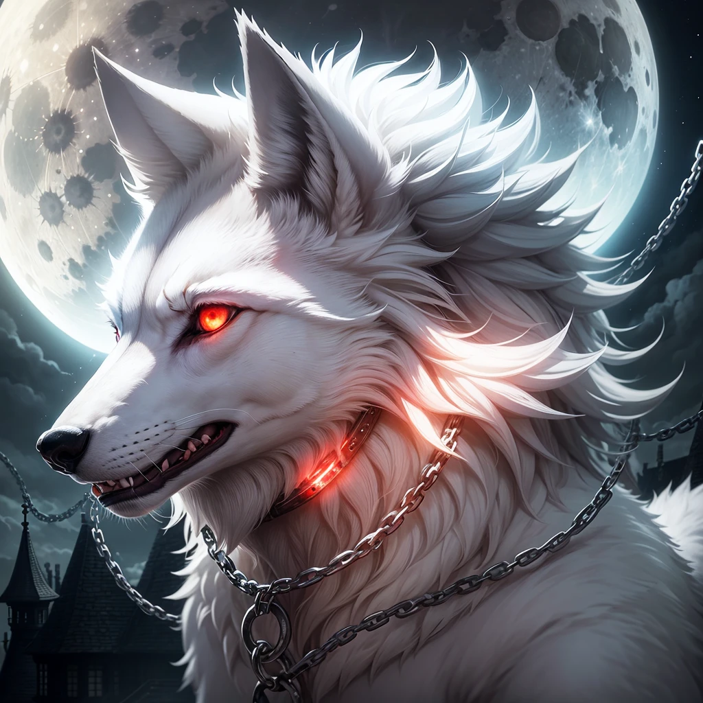 there is only a white wolf barking to the huge moon, his eyes are red, chain on his neck,