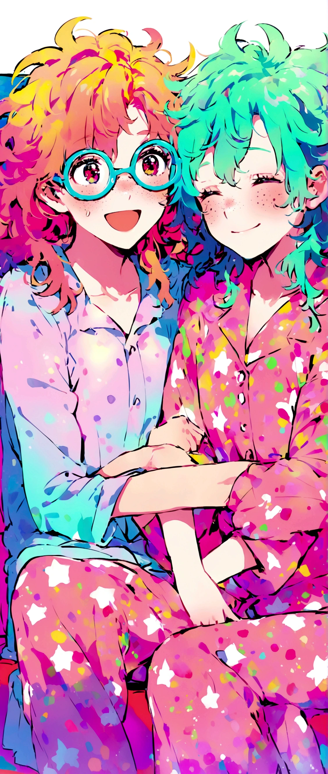Create a girl with disheveled hair like she just woke up, with freckles on his face, in pajamas glasses, sitting on the couch and looking very messy and happy with vibrant colors around him