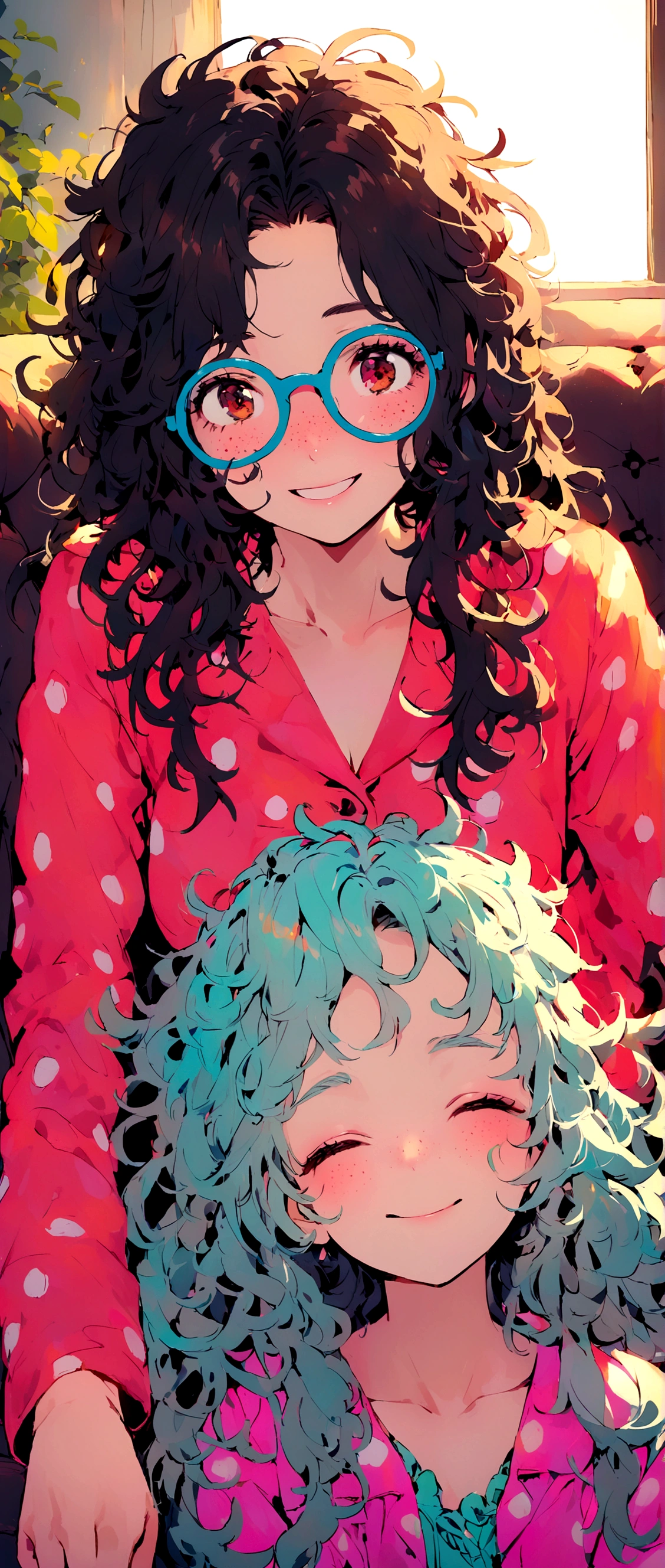 Create a girl with disheveled hair like she just woke up, with freckles on his face, in pajamas glasses, sitting on the couch and looking very messy and happy with vibrant colors around him