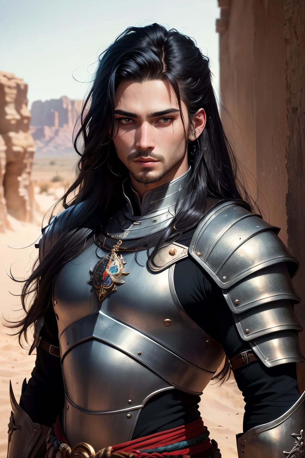 ((best quality)), ((masterpiece)), (detailed), Prize-winning works, with incredible details, maximum textures and details, mantea ,1 An adventurous warrior man in dark black light armor, long black hair (30 year old murderer:1.1,detailedeyes, face detailed, whole body:1.1,the background is a desert ),(best qualityer:1.2,ultra detali:1.1,realisitic:1.37),stone medieval ancient city ,eyeshadows,hidden identity,sharp focus,swirly vibrant colors,), (twilight), 8K