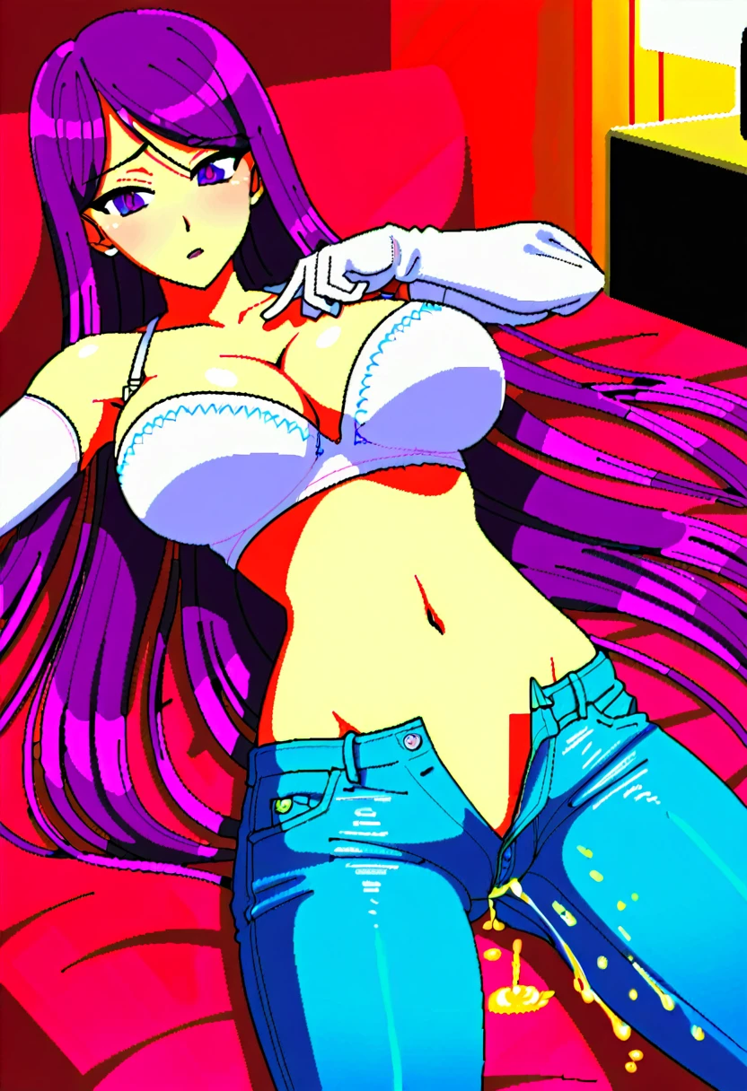 (masterpiece:1.37), best quality, (extremely detailed:1.37), woman, (adult:1.5), (very long hair:1.5), dark purple hair, purple eyes, (extremely detailed eyes:1.37), large breasts, crop top, cleavage, navel, (tight jeans:1.5), wetting self, bed, her hands are tied to the headboard, (on back:1.5)