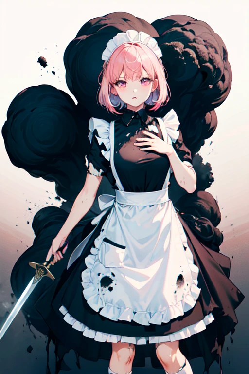 (Ultra-high resolution:1.4)(super high quality:1.4)(detailed:1.4)(Attention to detail), (Ultra-high resolution:1.6)
One girl, cute, White skin, Pink Hair, Pink Eyes, Classic maid outfit, Normal collar, Leading the way, Sword and Magic, Burning Battlefield, Fierce Battle, Intense Combat, Fighting with a two-handed sword, Confronting a formidable opponent, There are scratches or stains, (戦闘でTorn clothes1.6), (Torn clothes:1.6), (Apron torn to shreds:1.6), (Shabby maid), Covered in mud, (Tattered Apron:1.4), (Soot stains:1.6), (Covered in mud1.4), A torn apron, Tattered Apron, Apron that looks like it's about to tear, Slashed Apron,