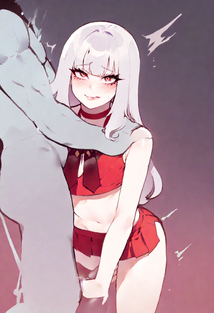 1girl, pretty, wicked smile, hot, sexy, expressive face, expressive eyes, sex, blushing, lewd, taunting, full lips. looking at the viewer small breasts, small hips, small waist, , young girl (best quality) (best detail) girl, teasing expression, pouting, full school girl uniform, modestly covered, skirt., long hair, bratty., by nyantcha, ThiccWithaQ art style, not naked, fully covered chest, sex with a big older man, moaning, getting manhandled, molested, DDLG, daddy, kink, touching tits