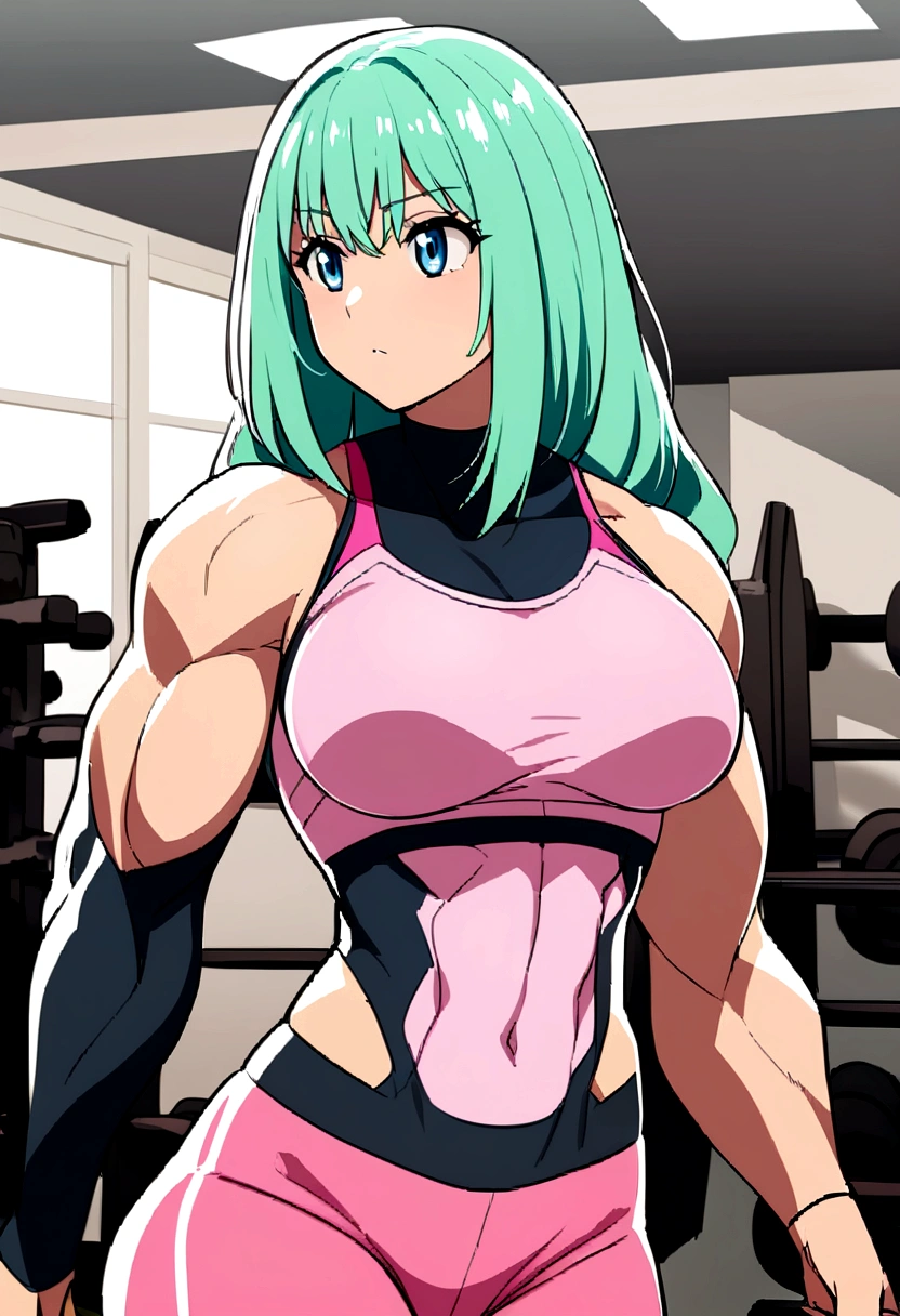 anime girl with pink sport bra flex biceps in gym