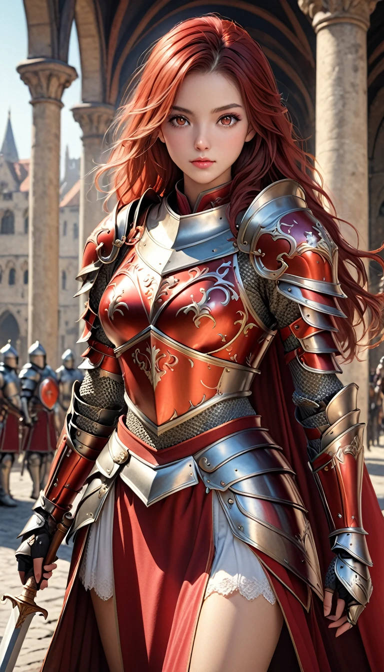 {{{photorealistic, masterpiece, best quality, ultra-detailed, high resolution, detailed eyes, detailed hair}}}, beautiful girl, {knight}, slim, full armor, red armor, armored skirt, {{full body}}
