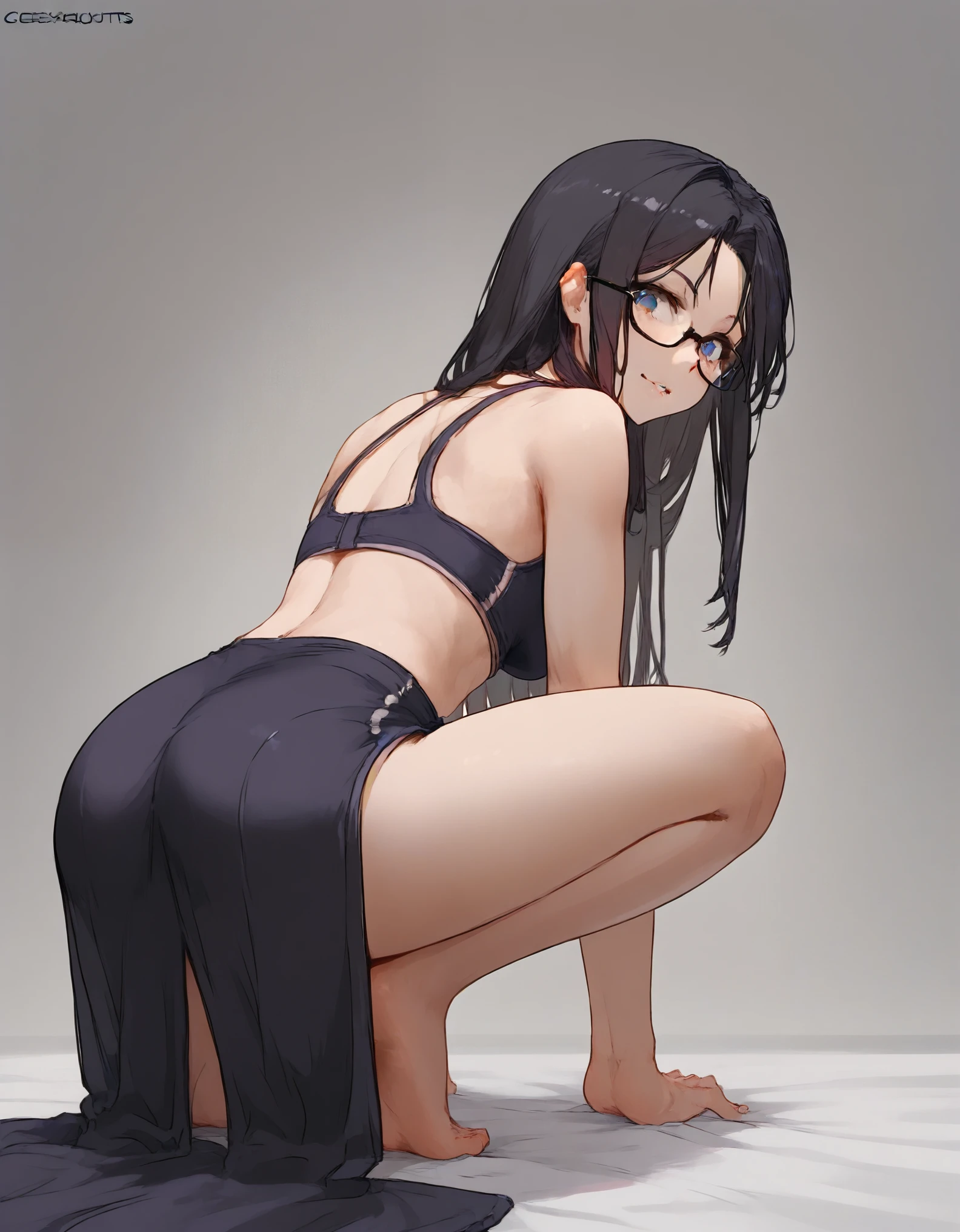 a woman in a short skirt and glasses is posing for a picture, a hyperrealistic , hyperrealistic , cutesexyrobutts, realistic , seductive anime girl, lit from behind, , bending over, ecchi, ecchi anime style, oppai, beautiful anime girl squatting, ecchi style, anime, anatomically correct, super detail, high quality, 4K
