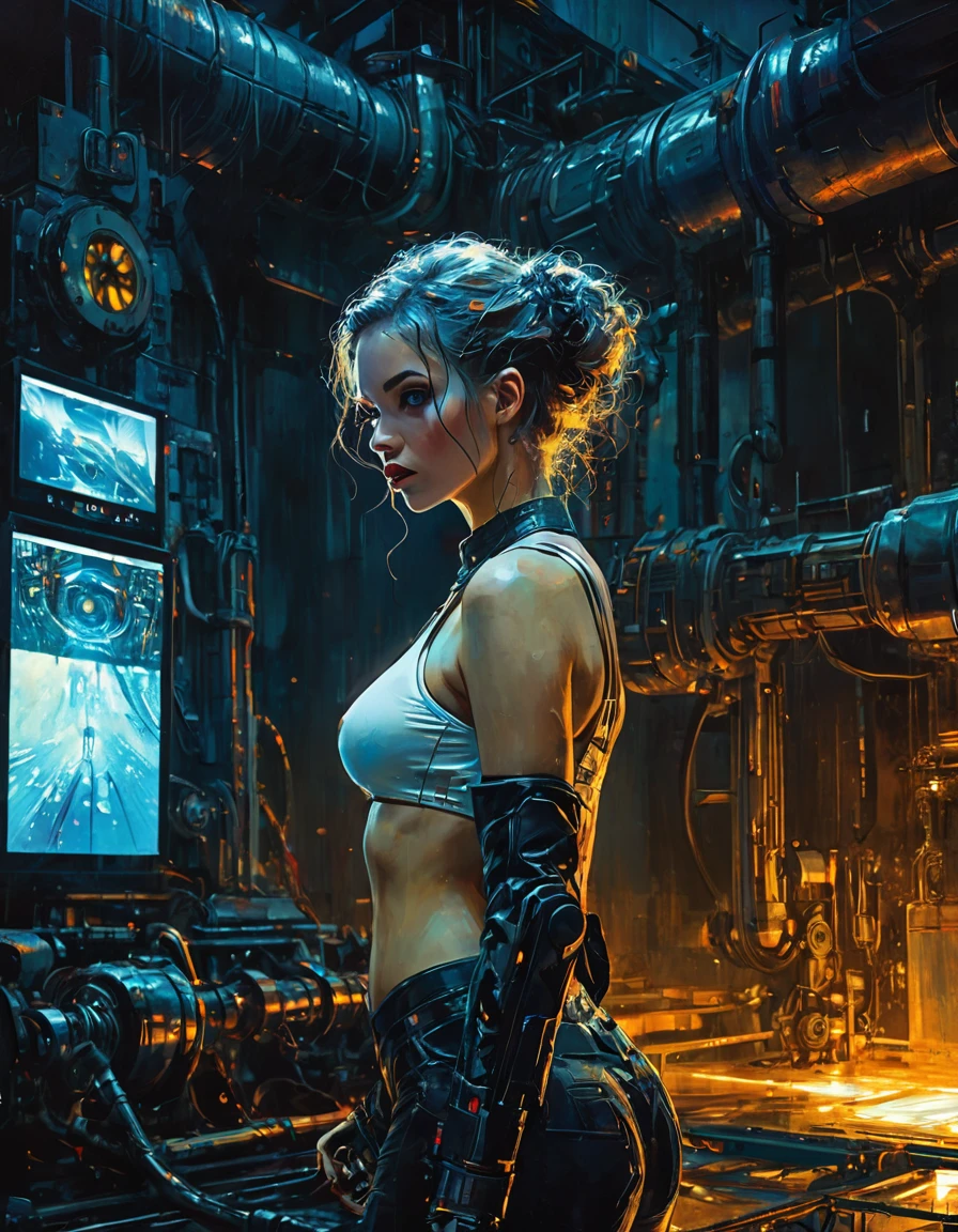 (highly detailed,cinematic lighting,dramatic colors,intricate machinery,futuristic technology,epic scale,moody atmosphere,sexy girl in scene, dark and gritty,masterpiece,best quality,8k,photorealistic,professional) (art inspired in Bill Sienkiewicz). oil painting)
