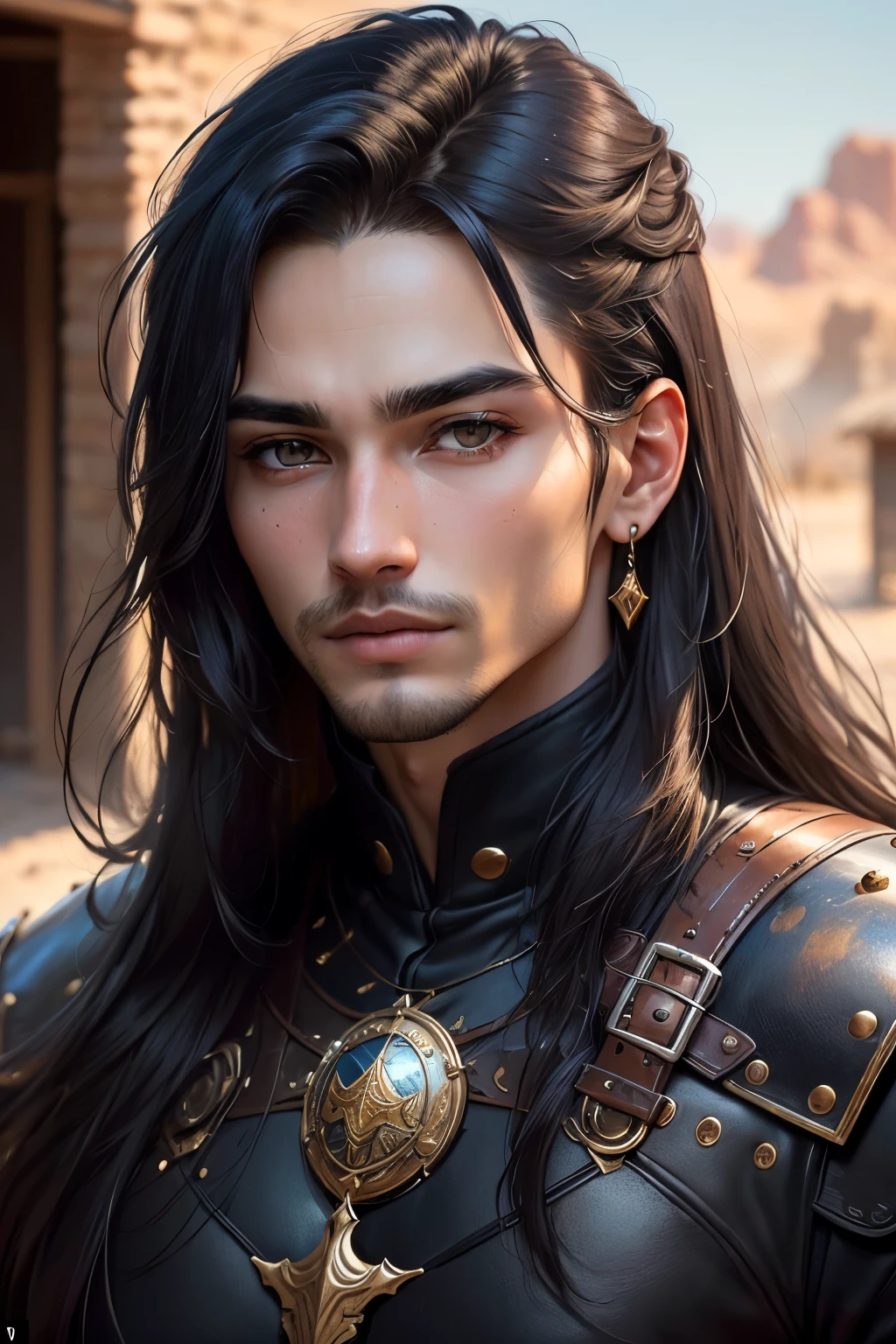 ((best quality)), ((masterpiece)), (detailed), Prize-winning works, with incredible details, maximum textures and details, mantea ,1 An adventurous warrior man in dark black light armor, long black hair (30 year old murderer:1.1,detailedeyes, face detailed, whole body:1.1,the background is a desert ),(best qualityer:1.2,ultra detali:1.1,realisitic:1.37),stone medieval ancient city ,eyeshadows,hidden identity,sharp focus,swirly vibrant colors,), (twilight), 8K