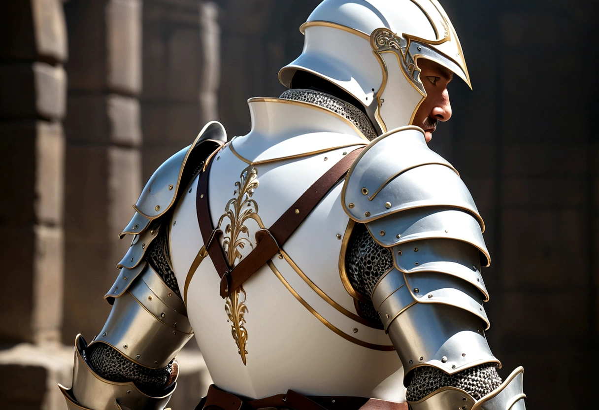 Highest quality、Man in Armor、back、profile、White Armor、