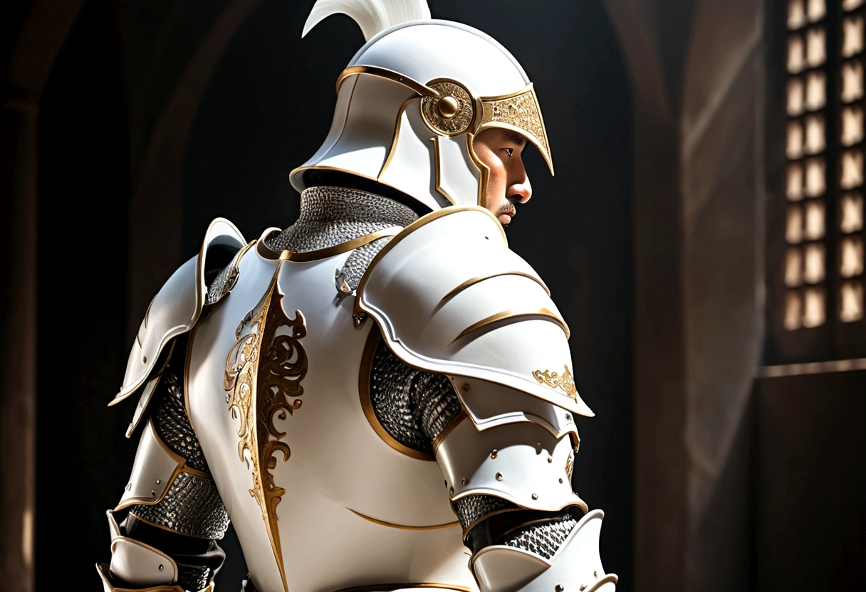 Highest quality、Man in Armor、back、profile、White Armor、