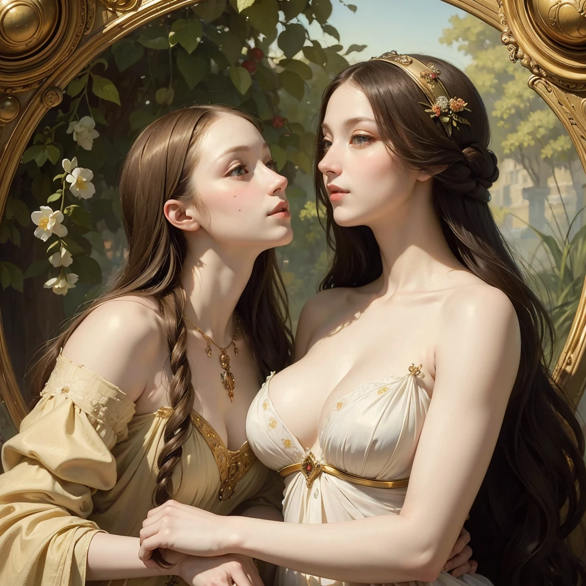 (masterpiece, best quality:1.5), oil painting by Leonardo da Vinci and Alfons Maria Mucha, (perfect anatomy:1.2), two gorgeous and stunning pale-skinned young pregnant goddesses is deeply in love with each other, kiss, fantastic make-up, jewelry, flower