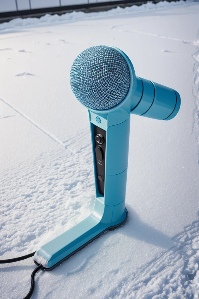 A microphone with a pastel light blue handle on the snow on the realistic floor