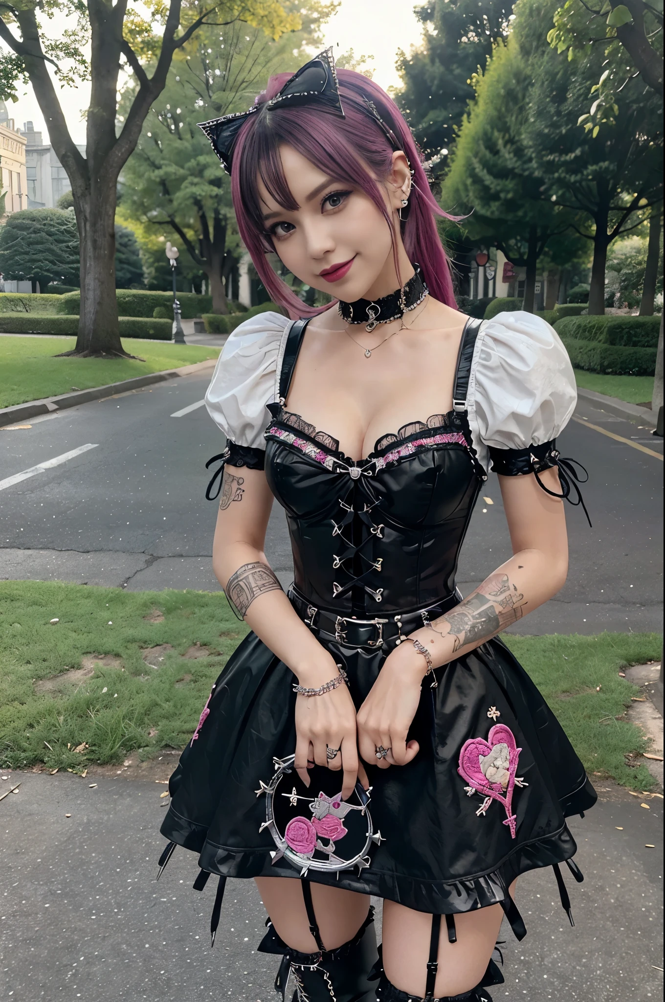 sexy stylish female model, only 1 female, ((doll-like appearance)), long dramatic stylish hair, ((shiny Punk-Style boots)), (smiling face), ultra detailed eyes, Punk makeup, lip-gloss, ((sexy Punk ta cosplay)), unconventional skirt, petticoats, high neckline, ((ultra detailed lace)), ((ultra detailed embroidery)), intricate details, tartan patterns, safety pins, Punk Loliccessoires, Punk Lolita cr, ((large sparkling Punk Lolita jewel, cinematic light, detailed large park background with trees