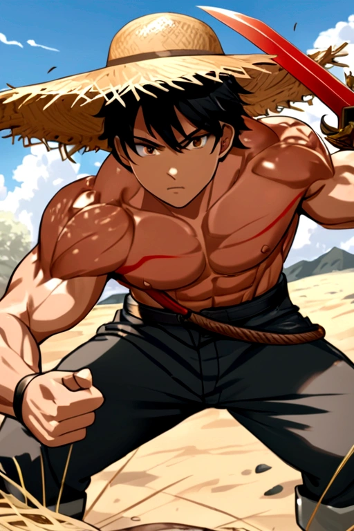 Boy with muscles, black hair, straw hat, red sword with firepower