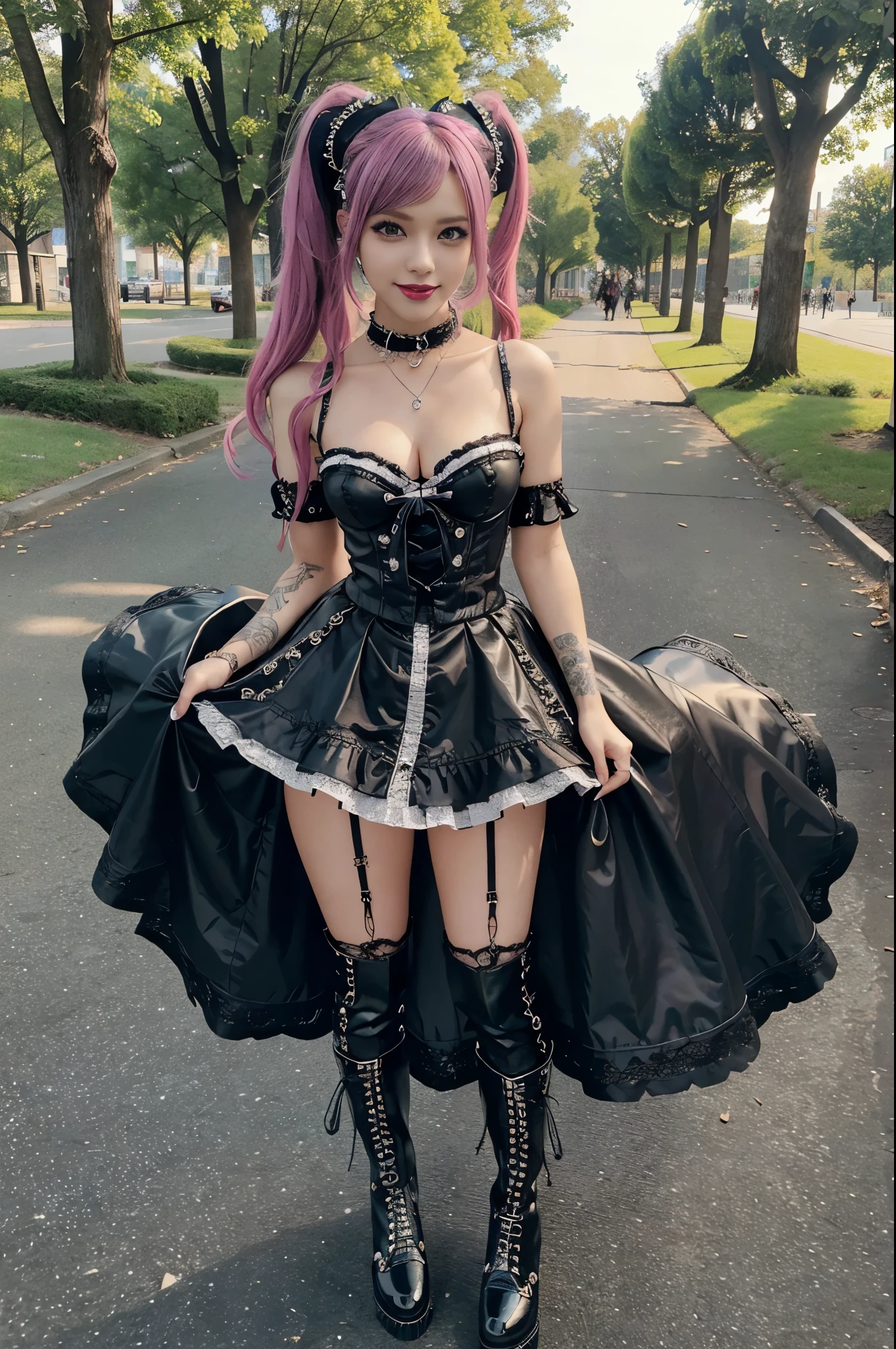 sexy stylish female model, only 1 female, ((doll-like appearance)), long dramatic stylish hair, ((shiny Punk-Style boots)), (smiling face), ultra detailed eyes, Punk makeup, lip-gloss, ((sexy Punk Lolita cosplay)), unconventional skirt, petticoats, high neckline, ((ultra detailed lace)), ((ultra detailed embroidery)), intricate details, tartan patterns, safety pins, Punk Lolita accessoires, Punk Lolita choker, ((large sparkling Punk Lolita jewelry)), cinematic light, detailed large park background with trees