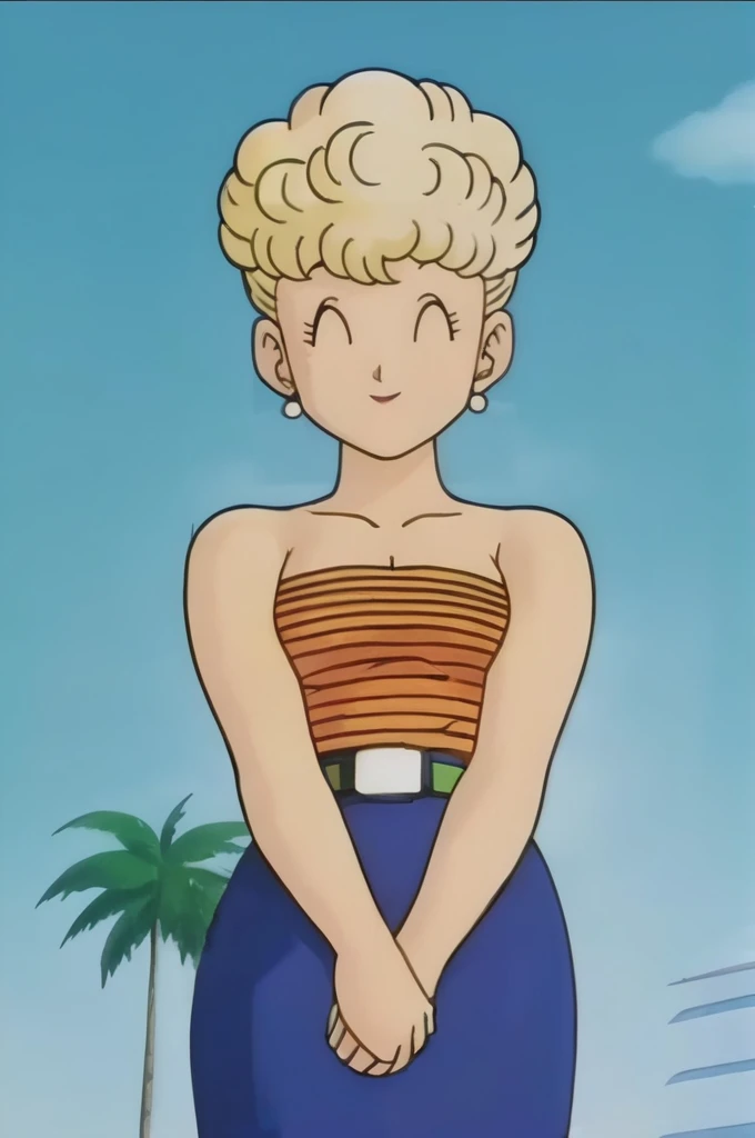 source_anime, score_9, score_8_up, score_7_up, anime screencap,
panchy, 1girl, solo, breasts, smile, skirt, blonde hair, cleavage, bare shoulders, jewelry, closed eyes, earrings, outdoors, sky, short hair, curly hair, day, belt, cloud, tree, blue sky, blue skirt, strapless, ^ ^, cloudy sky, own hands together, v arms, palm tree, tube top, 1980s \(style\)
