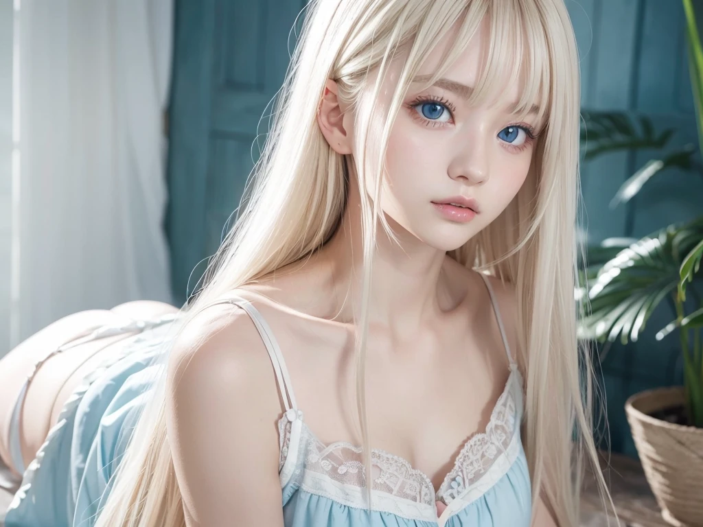The most beautiful light blonde hair in the world、Bright expression、Beautiful Bangs、Super long straight hair、Beautiful, clear, bright light blue eyes、Sheer white and wet nightgown、European youth、Perfect body、The ultimate beauty、Perfect beauty、The cutest face in the world、The most beautiful 17 year old in the world、White and glowing skin、Perfect beautiful face、Bright makeup、Pale pink lips、One Girl、Unbuttoned shirt、lipstick、Deceptive advertising、{vapor}、Viewer's vision、Golden Hour Lighting、Comic Strip、Bokeh Atmosphere Perspective、Detailed Video Lite、Intricate details、High resolution、 Detailed features of the face design、Advanced Details、Clear focus、Smoothness、aesthetics、Advanced Details、Printed、Octane、{{masterpiece}}