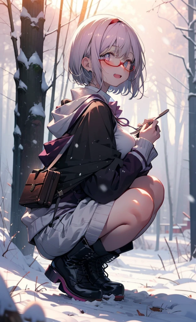 akaneshinjou, shinjou akane, Light purple hair, (Pink Eyes:1.2), short hair,Akagi Glasses,hair band,smile,blush,White Breath,Big Breasts,
Open your mouth,snow,Ground bonfire, Outdoor, boots, snowing, From the side, wood, suitcase, Cape, Blurred, having meal, forest, White handbag, nature,  Squat, Mouth closed, Cape, winter, Written boundary depth, Black shoes, red Cape break looking at viewer, Upper Body, whole body, break Outdoor, forest, nature, break (masterpiece:1.2), Highest quality, High resolution, unity 8k wallpaper, (shape:0.8), (Beautiful and beautiful eyes:1.6), Highly detailed face, Perfect lighting, Extremely detailed CG, (Perfect hands, Perfect Anatomy),