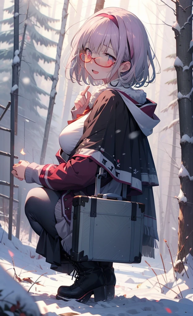 akaneshinjou, shinjou akane, Light purple hair, (Pink Eyes:1.2), short hair,Akagi Glasses,hair band,smile,blush,White Breath,Big Breasts,
Open your mouth,snow,Ground bonfire, Outdoor, boots, snowing, From the side, wood, suitcase, Cape, Blurred, having meal, forest, White handbag, nature,  Squat, Mouth closed, Cape, winter, Written boundary depth, Black shoes, red Cape break looking at viewer, Upper Body, whole body, break Outdoor, forest, nature, break (masterpiece:1.2), Highest quality, High resolution, unity 8k wallpaper, (shape:0.8), (Beautiful and beautiful eyes:1.6), Highly detailed face, Perfect lighting, Extremely detailed CG, (Perfect hands, Perfect Anatomy),