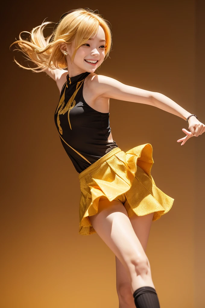 A character with golden skin, golden hair, a square body and very short, smiling and happy expression, dancing clothes