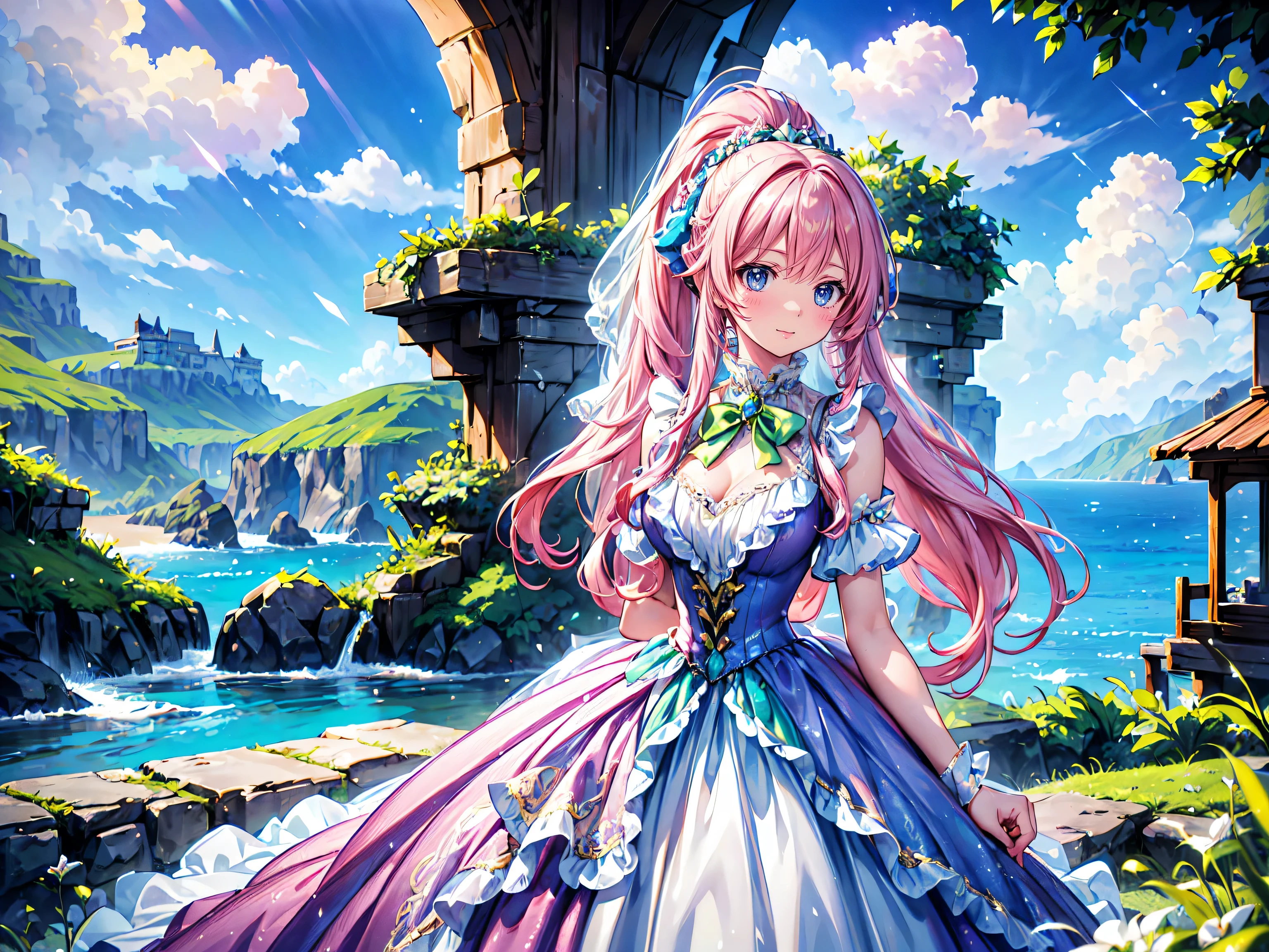 (((young face solo Captivating Adorable princess))), (((dress aquamarine dress)))), (((Unsurpassed gorgeous rococo victorian gown with voluminous  hoopskirt and long hems, princess style skirt))), (gown brilliances dazzlingly glitter reflective prismatic transparency gown:1.5), (gown ultra elaborate gown:1.5), (gown  gown:1.5),  (((huge breasts))), breasts focus, breasts cleavage, (hair pink hair:1.3), (((ponytail fluffy long ponytail))), ((Expressive hair)), very voluminous and very long hair, bangs, super delicate and beautiful face, beautiful lips, (hyper detail delicate beautiful eyes blue eyes), hair ornament silver ornament, beautiful smile, ((portrait:1.5, upper body:1.5, arched back:1.8, arms behind back:1.5, dynamic pose:1.5, smile:1.1, looking at viewer:1.5, from side:1.5)), (((Masterpiece, Super detail, top quality, ultra high res, Spectacular Quality, Distinguished Quality, ultra detailed, unity 16k))), (coastal view:1.5), 