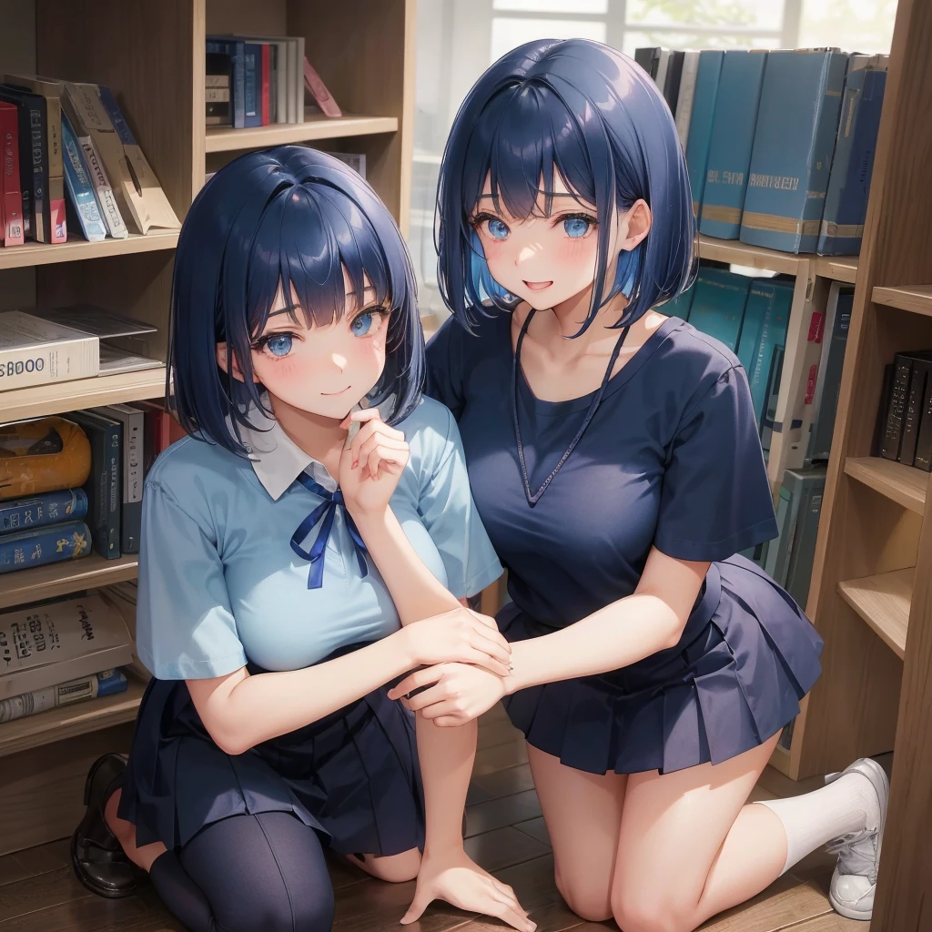 high school girl 17-year-old female Bobcut dark blue hair color High School Uniform Light blue Y-shirt Short sleeve Blue Ribbon dark blue hair color Slim figure Large Breasts Full body portrait 学校のlibrary Smiling Kindly Laugh a little library Squat Place your hands before kneeling Put your hands on the floor