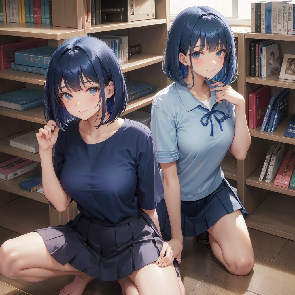 high school girl　-yeld fee　Bobcut　dark blue hair color　High School Uniform　Light blue Y-shirt　Short sleeve　Blue Ribbon　dark blue hair color　Slim figure　Large Breasts　Full body portrait　学校のlibrary　Smiling Kindly　Laugh a little　library　Squat　Place your hands before kneeling　Put your hands on the floor　