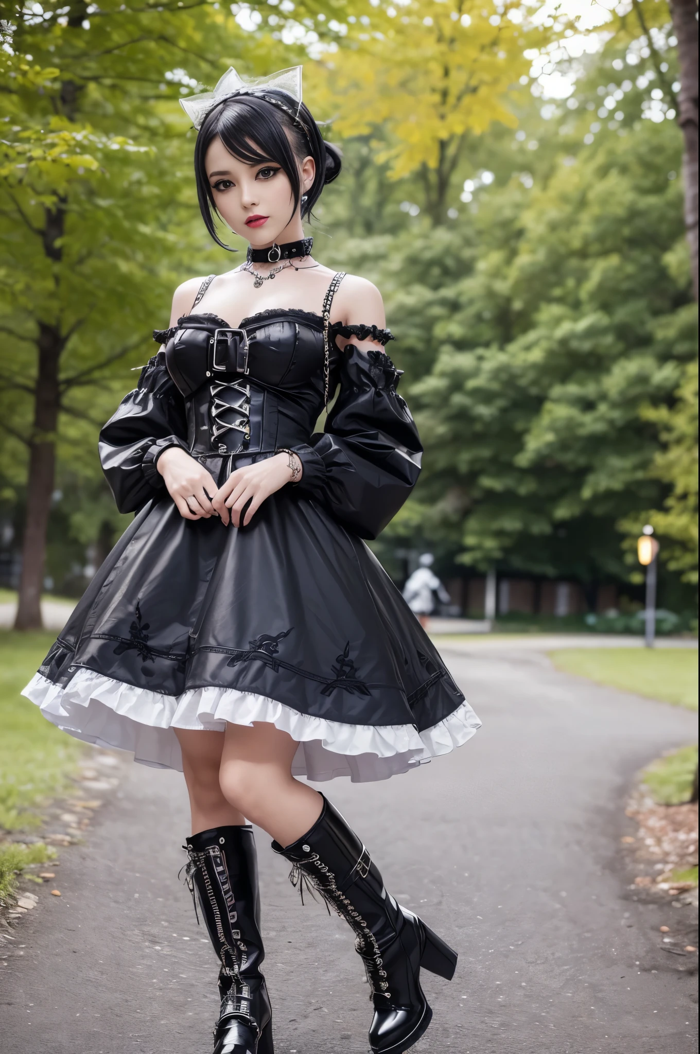 sexy stylish female model, only 1 female, ((doll-like appearance)), long dramatic stylish hair, ((shiny Punk-Style boots)), (smiling face), ultra detailed eyes, Punk makeup, lip-gloss, ((sexy Punk ta cosplay)), unconventional skirt, petticoats, high neckline, ((ultra detailed lace)), ((ultra detailed embroidery)), intricate details, tartan patterns, safety pins, Punk Loliccessoires, Punk Lolita cr, ((large sparkling Punk Lolita jewel, cinematic light, detailed large park background with trees
