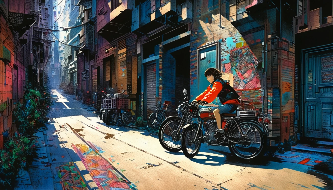 Super detailed:1.3, (Absurd, texture, masterpiece), pixiv Contest Winner, John Berkey, Dynamic cartoon style illustration,riding bikes,Colored pencil style、,Dark aesthetic,Euphoric,Beautiful woman,Old alley background, Dozing off,Crayon colored Zentangle,overview,Anime key visual,