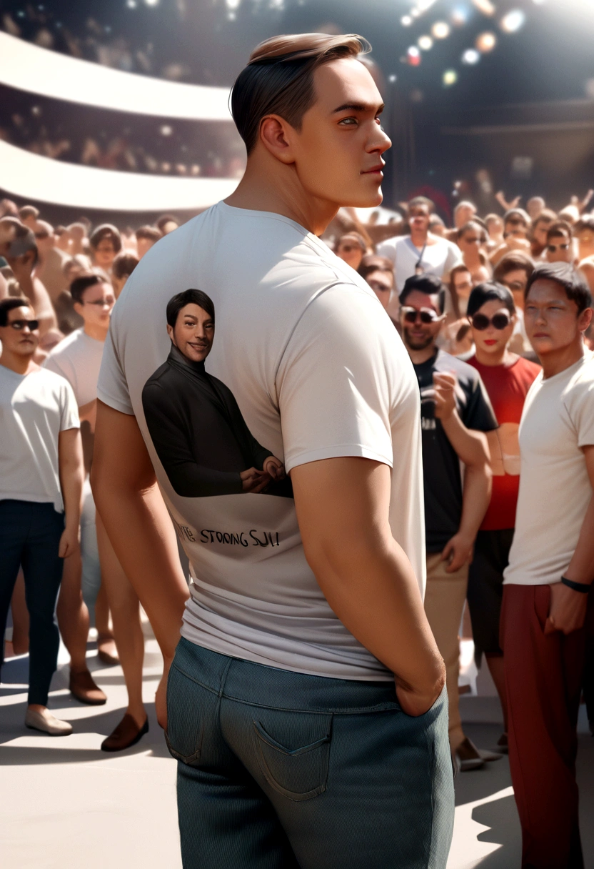 (Man on stage with white t-shirt), ), (mirando a su public,) He lowered his pants and you can see his naked ass., dark brown hair, Stylish and elegant, and strong body t-shirt, Man similar to actor Will smith, (Realistic and high quality image), background full of people, public, unfocused