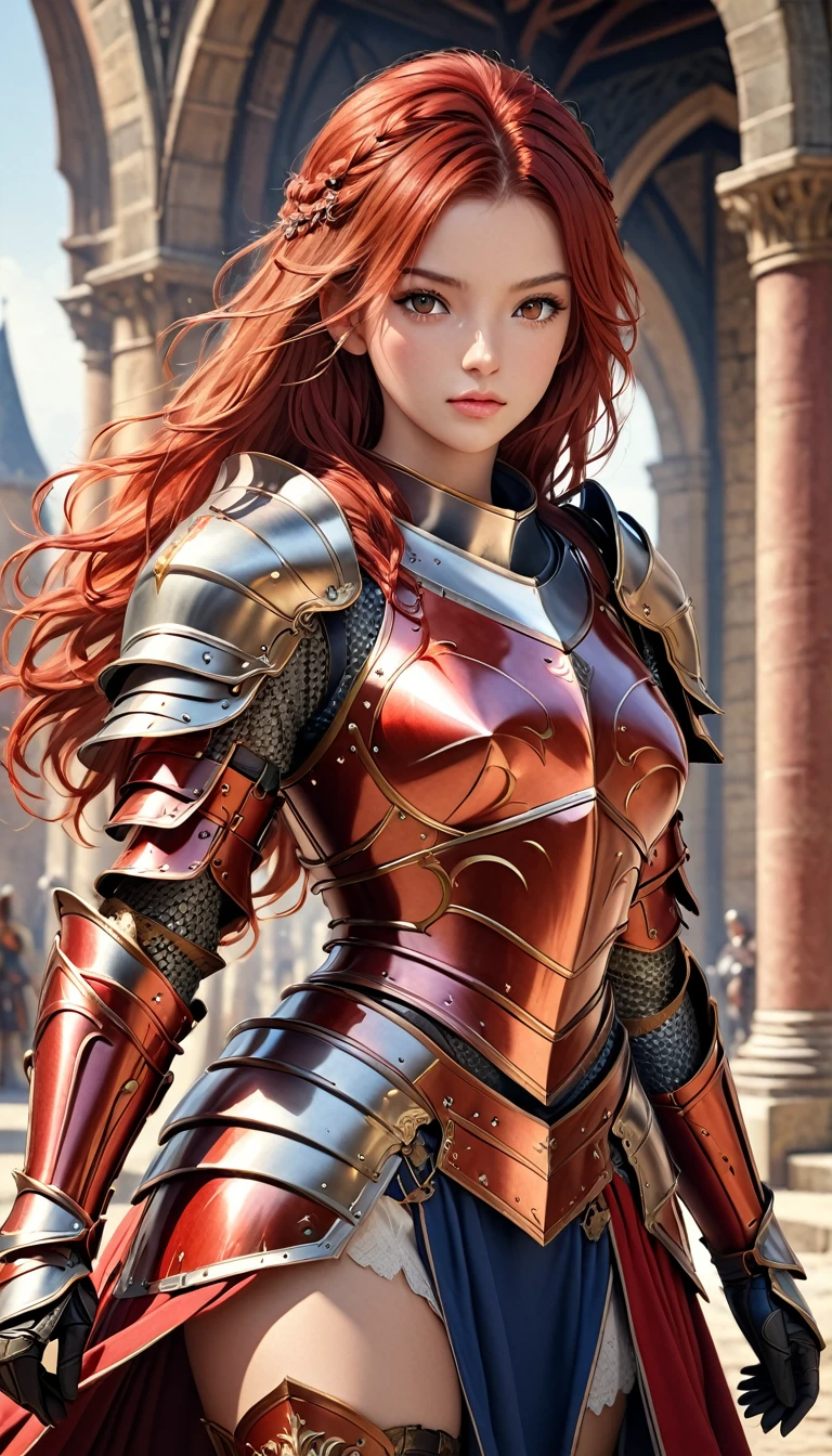 {{{photorealistic, masterpiece, best quality, ultra-detailed, high resolution, detailed eyes, detailed hair}}}, beautiful girl, {knight}, red hair, single blaid, slim, full armor, red armor, armored skirt, {{full body}}