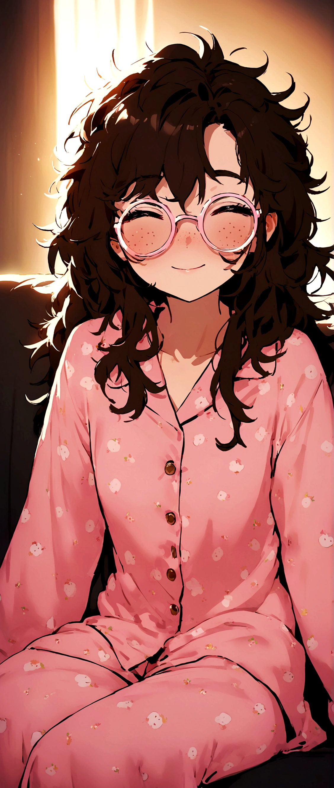 Create a girl with disheveled hair like she just woke up, with freckles on his face, in pajamas glasses, sitting on the couch and looking too messy and happy for tik tok profile