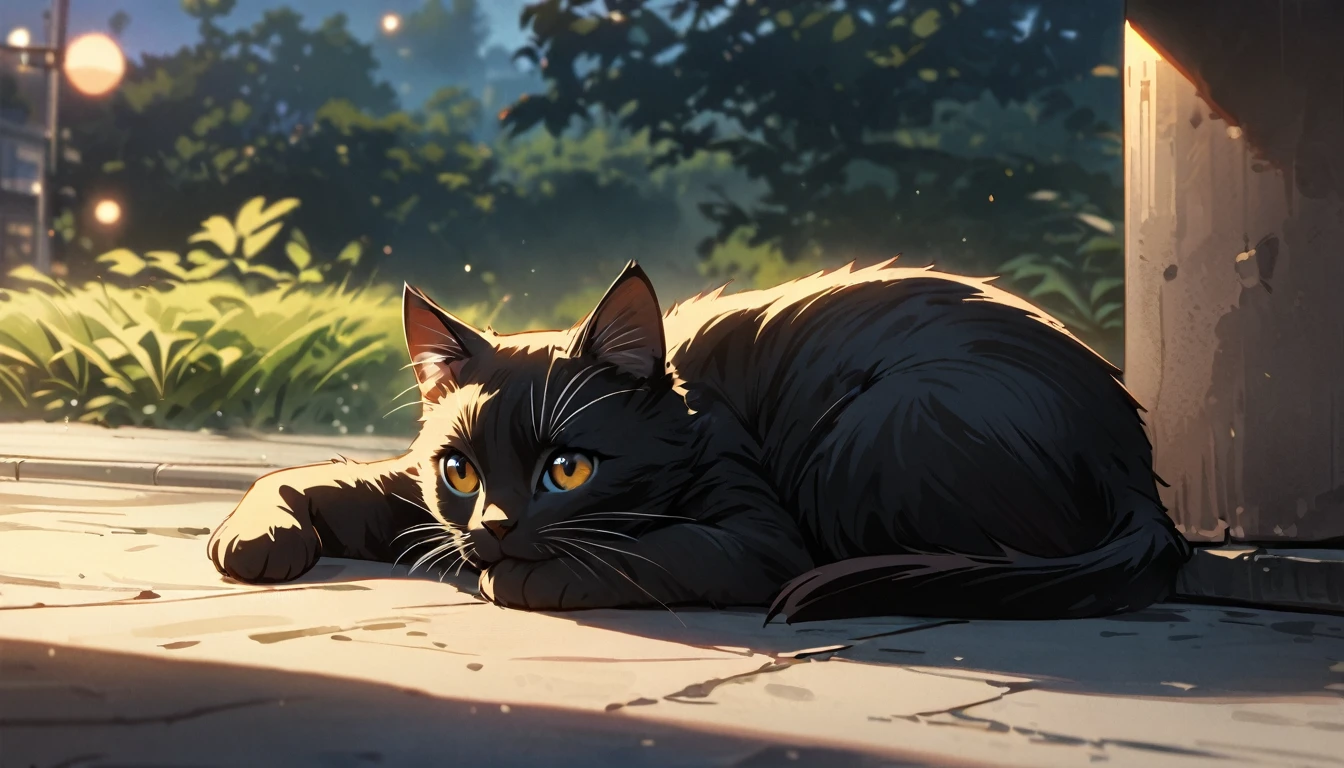 Solo, no humans, animals, Black cat animal-centered, masterpiece, highest quality, cute, detailed description, natural scenery, relaxing,I street corner,evening