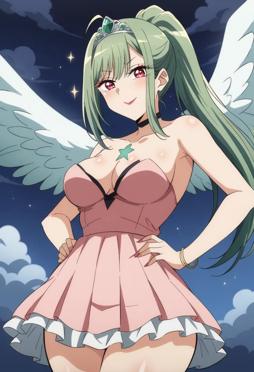 (anime art style:0.1), 2d, masterpiece, best quality, (very aesthetic:1.5), absurdres, dynamic shadows, atmosferic, (kitagawa marin), (1girl), ((green hair)), ((ponytail)), medium hair, (red eyes), sparkle eyes, detailed eyes, eyelashes, ahoge, hair between eyes, bangs, medium breasts, cleavage, makeup, lipstick, naughty_face, (curvy body), star symbol on chest, diadem, esmerald diadem, magical girl, collarbone, bracelet, bare shoulders, short sleeves, angel wings, frilled dress, pink dress, pleated dress, ((cowboy shot)), looking at viewer, hands on own hips, flying, (from front), sky, clouds, night