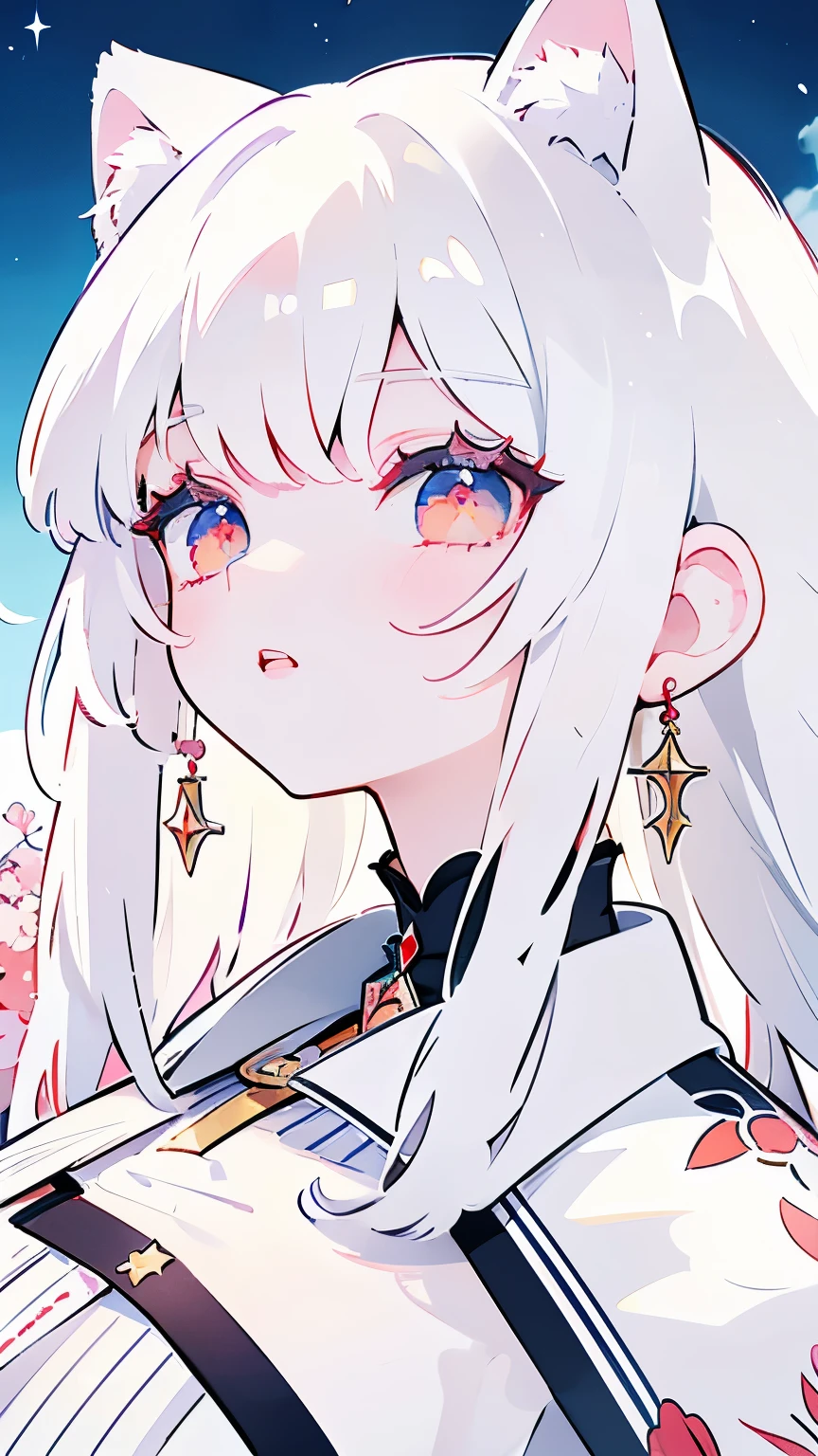 A tsundere girl with white cat ears, white hair, large breasts, 1 woman, extremely detailed, photorealistic, beautiful lips, beautiful and delicate eyes, long hair, red eyes, fantasy, looking up at the spring sky, star-shaped earrings, happy expression, frontal view, maid outfit