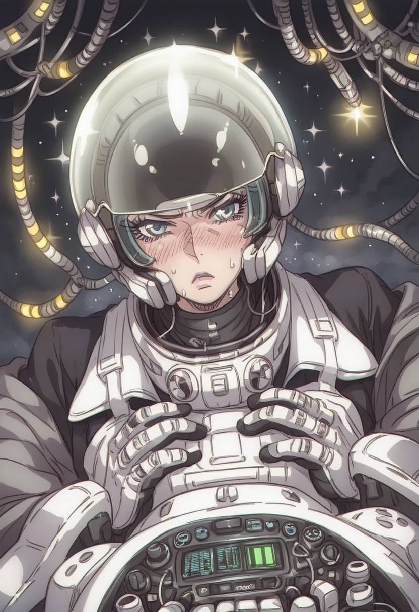 score_9, score_8_up, score_7_up, ((gothic vampire piloting in gothic spacecraft)), vintage anime, ((from below)), ((120 fov)), ((((gothic)) control panels)), ((mature)), (((gothic))), iridescent bodysuit, ((lace accessories)), ((pilot seat)), ((((lying back)) pose)), ((elegant)), (((serious tone))), futuristic, ((cockpit top control panel)), intricate control panel details, 1990s (style), [blushing], sweat, ((claustrophobic)), sparkles, screens, (pilot helmet), ((hands on controls)), ((cockpit lights)), fisheye view