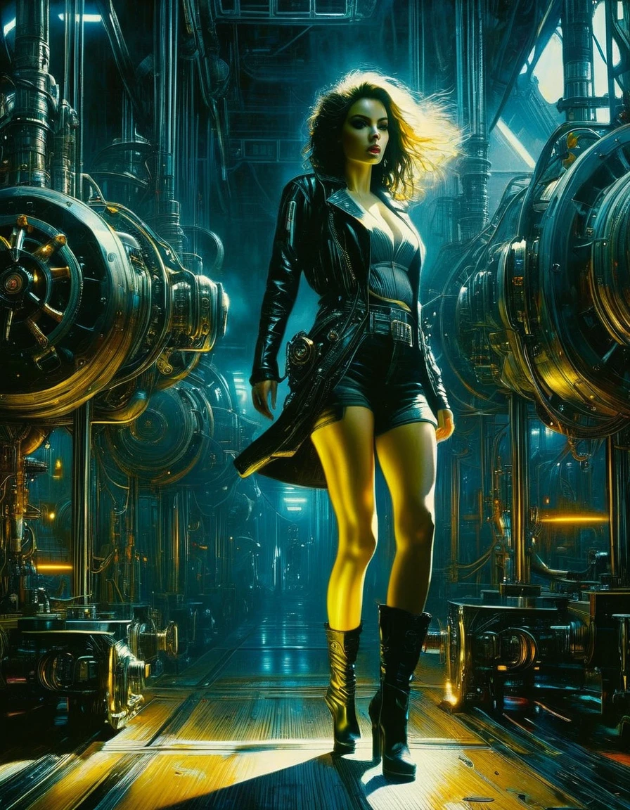 (highly detailed,cinematic lighting,dramatic colors,intricate machinery,futuristic technology,epic scale,moody atmosphere,sexy girl in scene, dark and gritty,masterpiece,best quality,8k,photorealistic,professional) (art inspired in Bill Sienkiewicz). oil painting)
