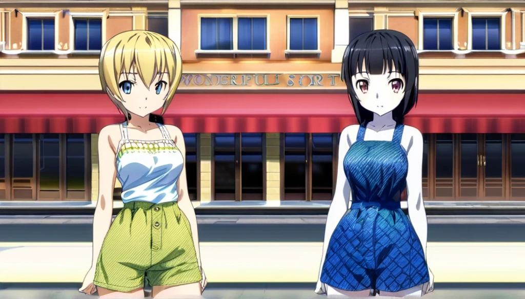 ((Anime Infinite Stratus Art, 8k, ultra full high definition, epic quality, epic texture)). The theme is mysterious.  The setting is a street in Rome, it's summer, it's daytime, there are some shops, there are people passing by the scene.  The focus is a girl, her name is Yukiko, , very short stature, very messy blonde hair(short:1.9) with bangs, ice blue eyes, wonderful face, she has white skin, shapely 13 years body, narrow chest, large and round breasts, thin waist, very narrow hips, big and perky butt, she's wearing denim shorts(short:1.9) and a very low-cut flowery shirt(short:1.9), she's naive and sensual, she's strolling through the scene, her back is turned, a full view of her body. The theme is mysterious.  