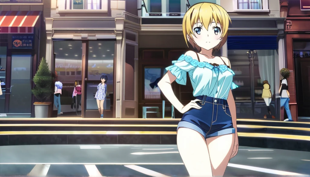 ((Anime Infinite Stratus Art, 8k, ultra full high definition, epic quality, epic texture)). The theme is mysterious. The setting is a street in Rome, it's summer, it's daytime, there are some shops, there are people passing by the scene. The focus is a girl, her name is Yukiko, , very short stature, very messy blonde hair(short:1.9) with bangs, ice blue eyes, wonderful face, she has white skin, shapely 13 years body, narrow chest, large and round breasts, thin waist, very narrow hips, big and perky butt, she's wearing denim shorts(short:1.9) and a very low-cut flowery shirt(short:1.9), she's naive and sensual, she's strolling through the scene, her back is turned, a full view of her body. The theme is mysterious.