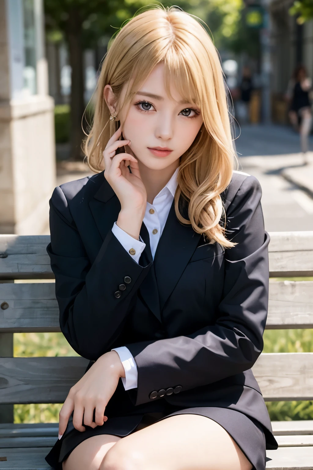 photograph, photo quality, realistic, European girl portrait,alone, sitting on a bench, 20-year-old,Beautiful Face,Upper Body,Hair on one eye,Medium Sidecut, Blonde, Sharp focus,Black business suit