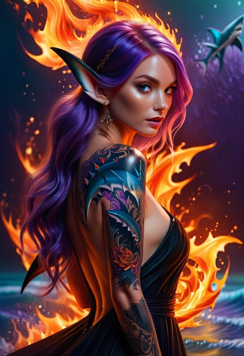 a picture of a ((tattoo of a shark: 1.5)) on the back of a female elf with, Dark fantasy art, fantasy art, goth art,, a glowing tattoo of a ((shark: 1.3)) on the back of the elf, the ((shark tattoo)) is vivid, intricate detailed coming to life from the ink to real life, GlowingRunesAI_purple, ((fire surrounds the shark: 1.5)), shoot taken from the back, ((the back is visible: 1.3), she wears a transparent black dress, the dress is elegant, flowing, elven style, that the tattoos glow, dynamic hair color, dynamic hair style, faize,, Digital Painting, Intense gaze