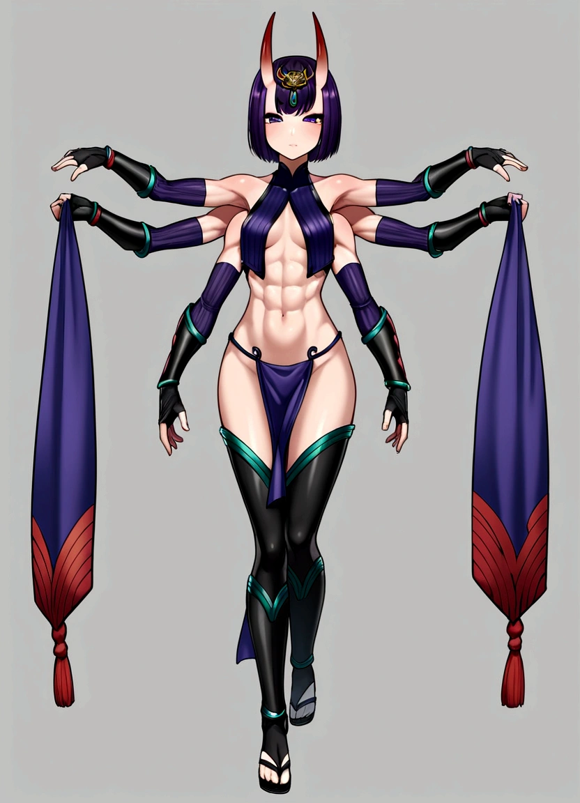 Shuten, arm guards, armor, black gloves, bodysuit, fingerless gloves, gloves, japanese armor, kote, loincloth, purple bodysuit, ribbed sleeves, tabard, toned, 4 arms, full body.